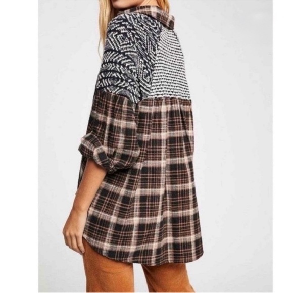 Free People Fireside Nights Button Down Shirt, Brown/Black/White, Medium - Picture 2 of 14